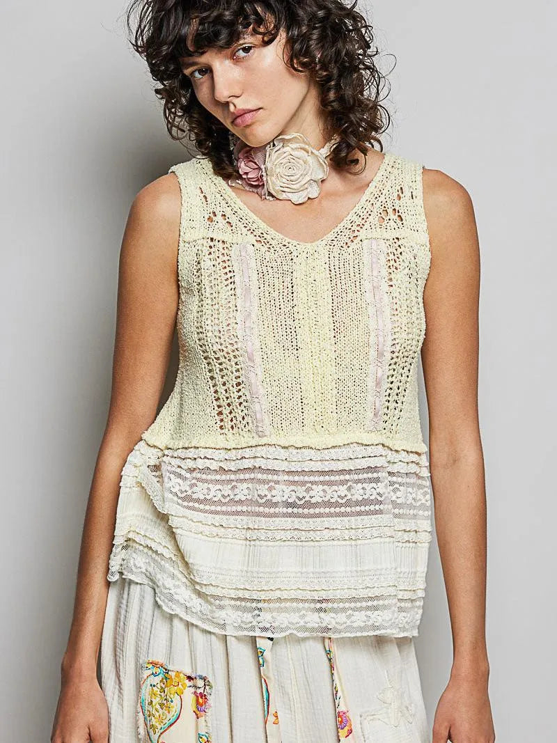 POL Lemon Lace Sleeveless Crochet Sweater with Lace Trim-Women's Shirts & Tops-Shop Z & Joxa