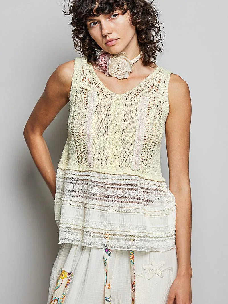 POL Lemon Lace Sleeveless Crochet Sweater with Lace Trim-Women's Shirts & Tops-Shop Z & Joxa