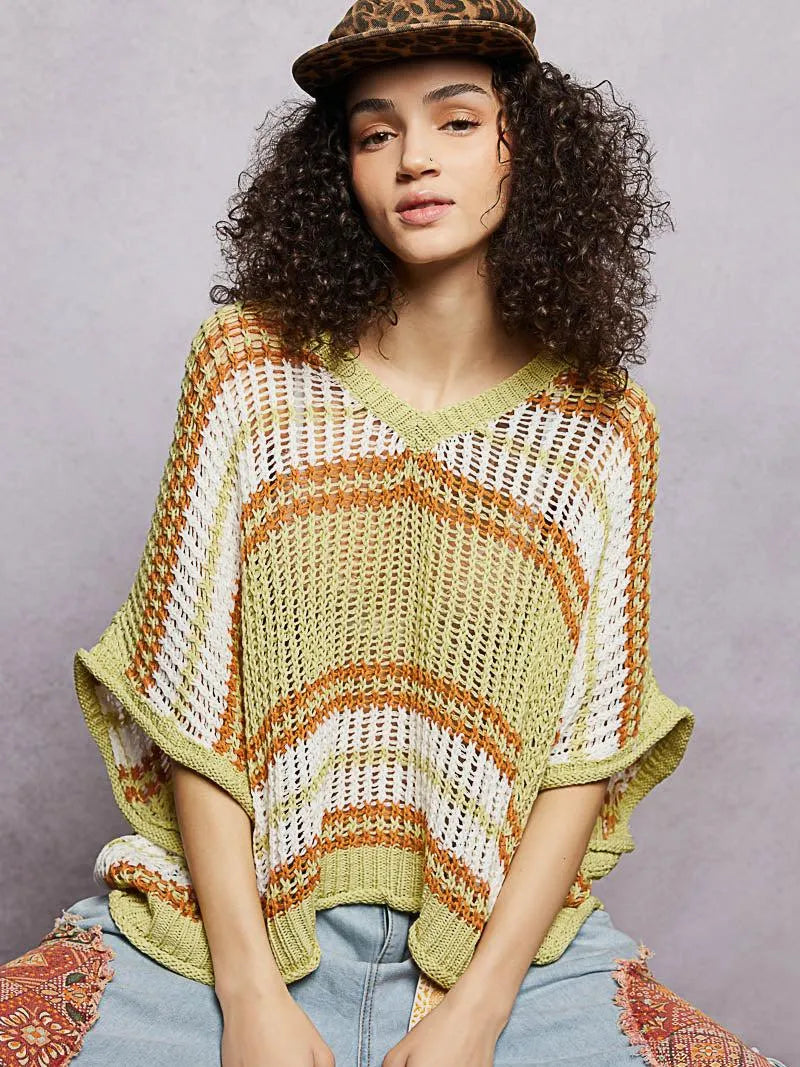 POL Lime Lift Openwork Lightweight Striped V-Neck Knit Top-Women's Shirts & Tops-Shop Z & Joxa