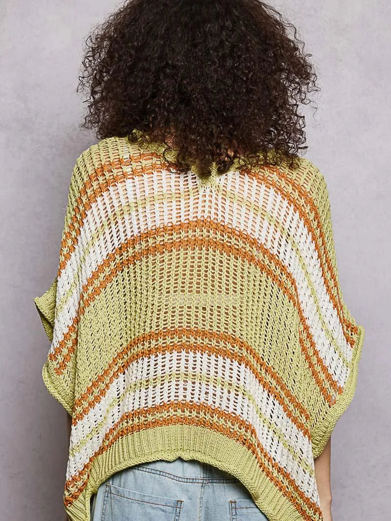 POL Lime Lift Openwork Lightweight Striped V-Neck Knit Top-Women's Shirts & Tops-Shop Z & Joxa