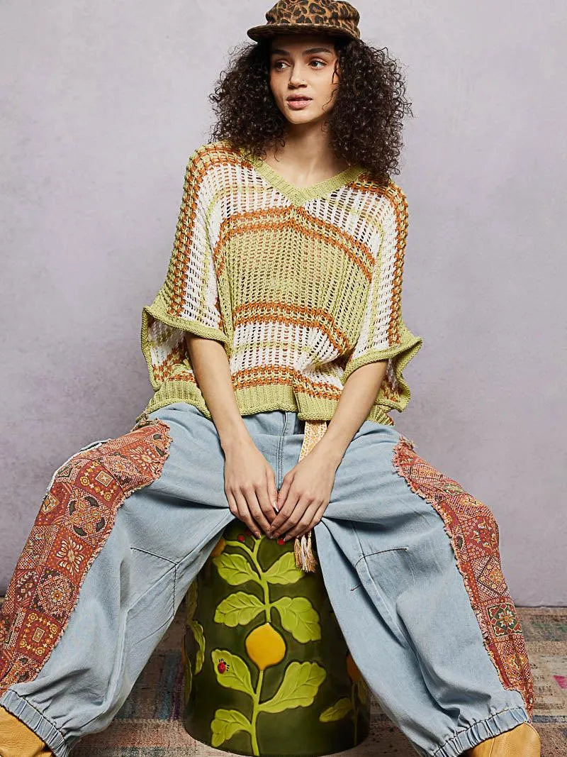 POL Lime Lift Openwork Lightweight Striped V-Neck Knit Top-Women's Shirts & Tops-Shop Z & Joxa