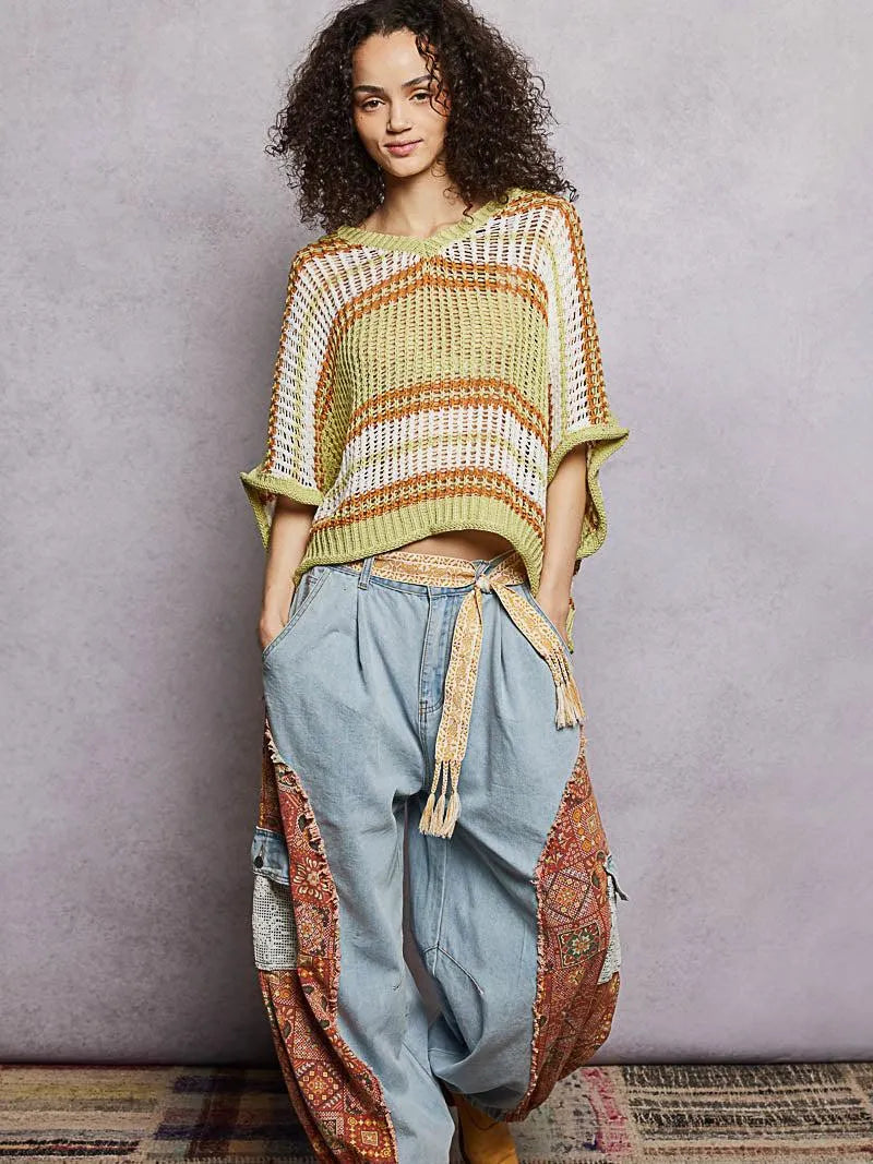 POL Lime Lift Openwork Lightweight Striped V-Neck Knit Top-Women's Shirts & Tops-Shop Z & Joxa