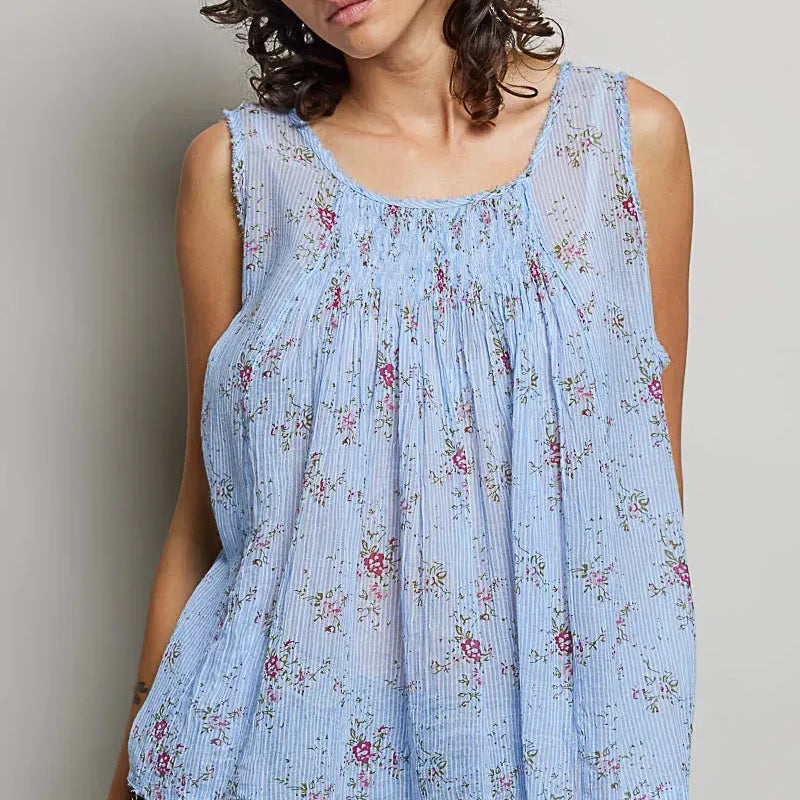POL Meadow Morning Sleeveless Floral Pleated Cotton Top-Women's Shirts & Tops-Shop Z & Joxa
