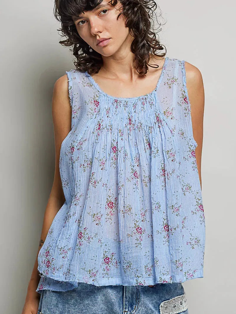 POL Meadow Morning Sleeveless Floral Pleated Cotton Top-Women's Shirts & Tops-Shop Z & Joxa