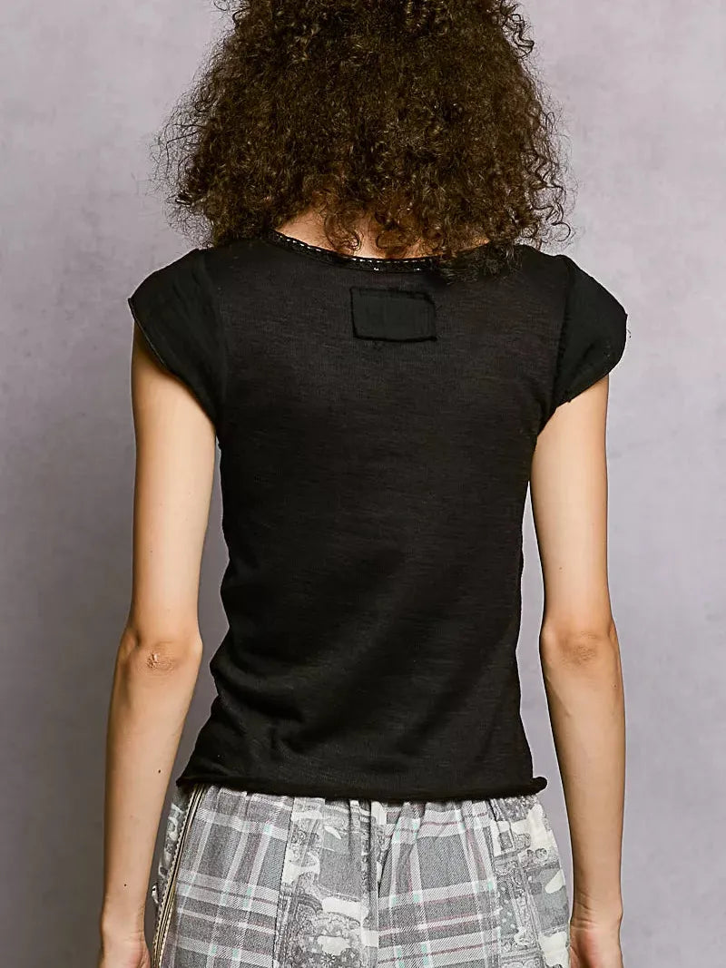 POL Midnight Empire Textured Short Sleeve Knit Top with Lace Trim-Women's Shirts & Tops-Shop Z & Joxa