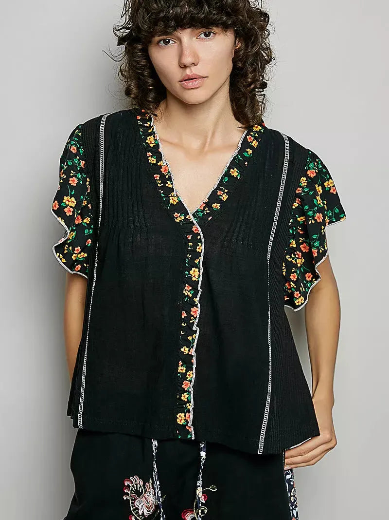 POL Midnight Floral V-Neck Ruffle Sleeve Blouse-Shirts & Tops-Shop Z & Joxa
