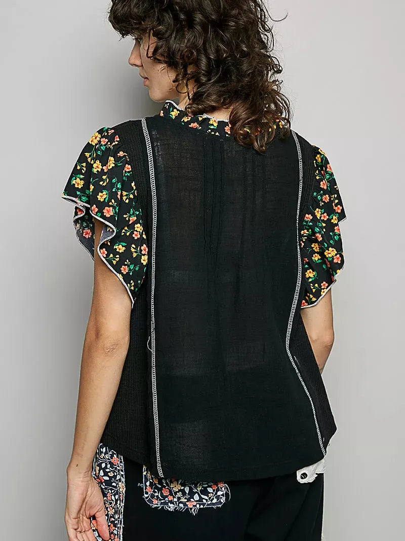 POL Midnight Floral V-Neck Ruffle Sleeve Blouse-Shirts & Tops-Shop Z & Joxa