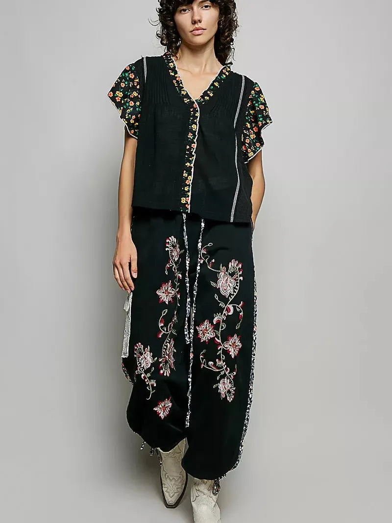 POL Midnight Floral V-Neck Ruffle Sleeve Blouse-Shirts & Tops-Shop Z & Joxa