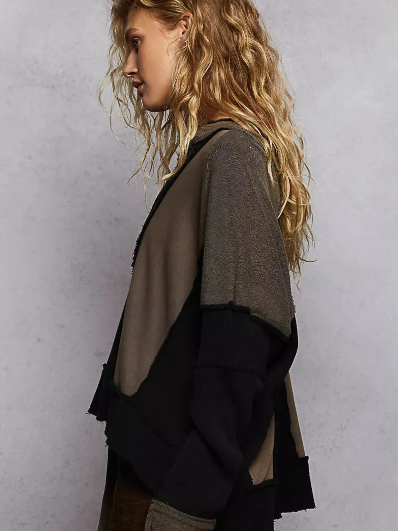 POL Mocha Muse Waffle Knit Raw Hem Color Block Sweatshirt-Women's Shirts & Tops-Shop Z & Joxa