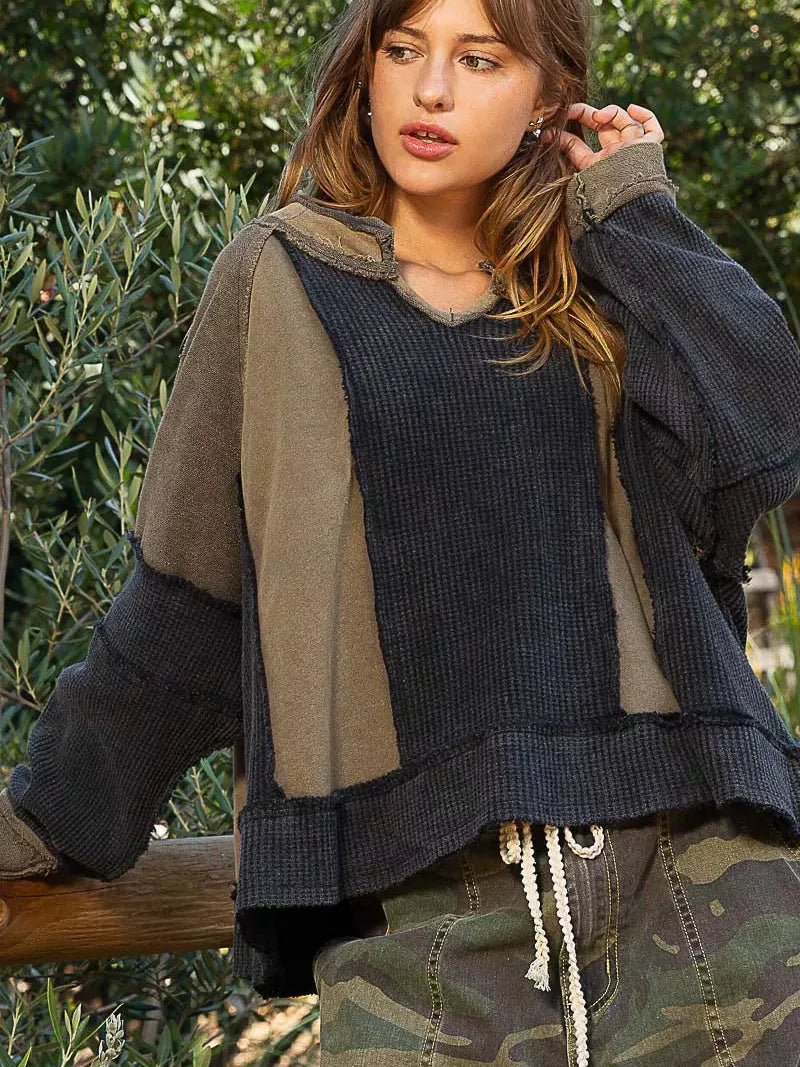 POL Mocha Muse Waffle Knit Raw Hem Color Block Sweatshirt-Women's Shirts & Tops-Shop Z & Joxa