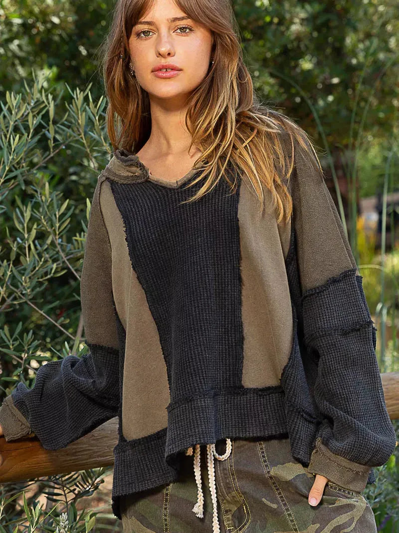 POL Mocha Muse Waffle Knit Raw Hem Color Block Sweatshirt-Women's Shirts & Tops-Shop Z & Joxa