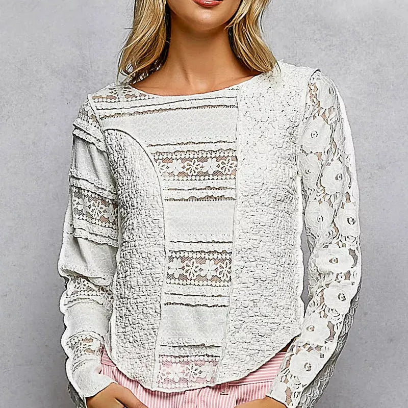 POL Moonlace Muse Long Sleeve Lace Detail Top in Off White-Women's Shirts & Tops-Shop Z & Joxa