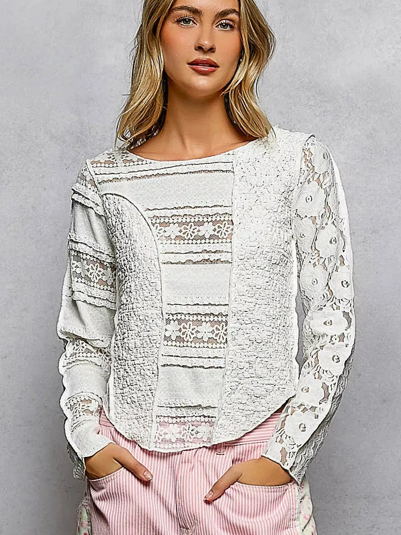 POL Moonlace Muse Long Sleeve Lace Detail Top in Off White-Women's Shirts & Tops-Shop Z & Joxa