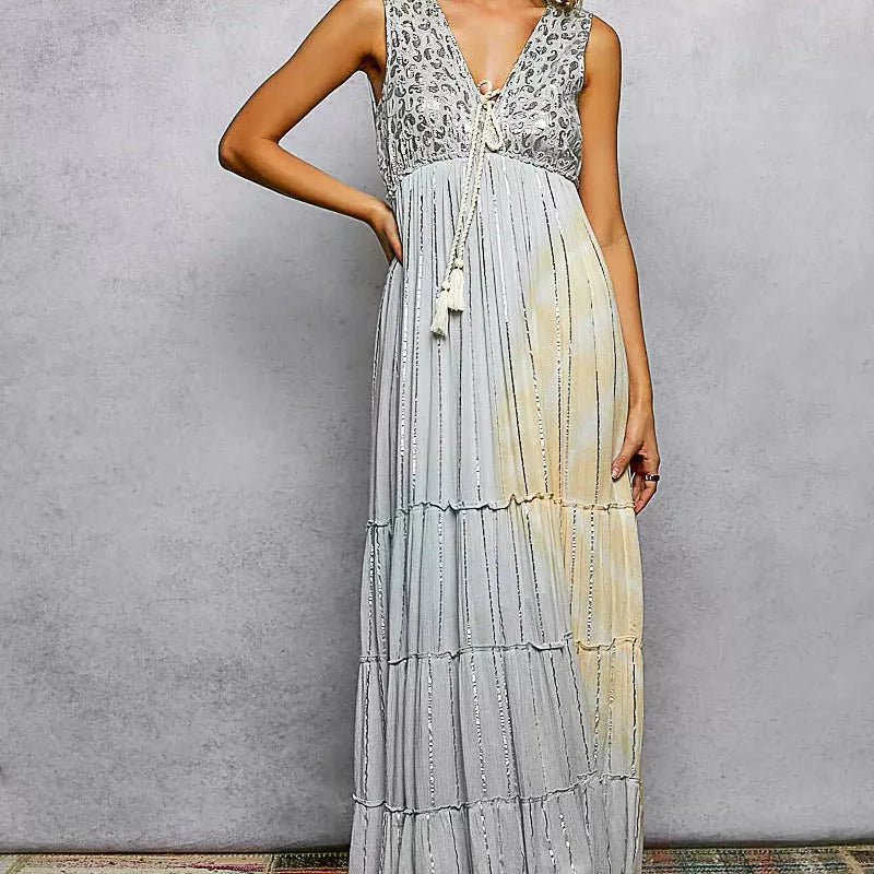 POL Moonlit Mosaic Deep V Sleeveless Boho Tiered Maxi Dress-Women's Dresses-Shop Z & Joxa