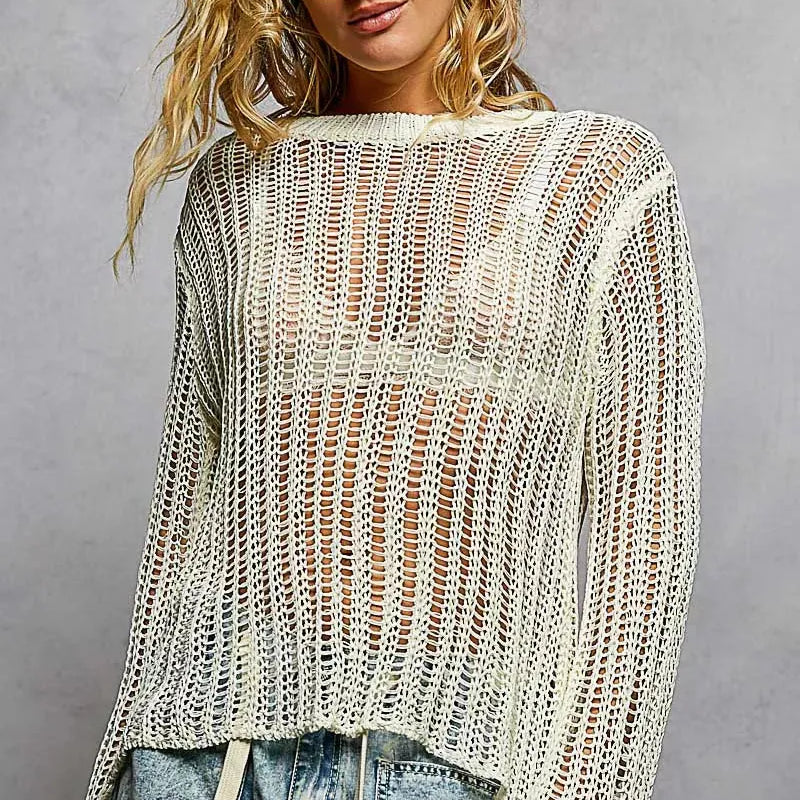 POL Morning Haze Long Sleeve Sheer Knit Cover Up-Women's Shirts & Tops-Shop Z & Joxa
