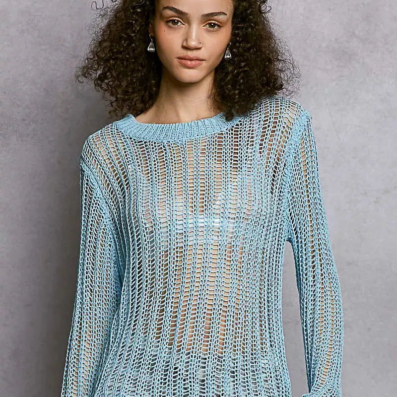POL Morning Haze Long Sleeve Sheer Knit Cover Up in Blue-Women's Shirts & Tops-Shop Z & Joxa