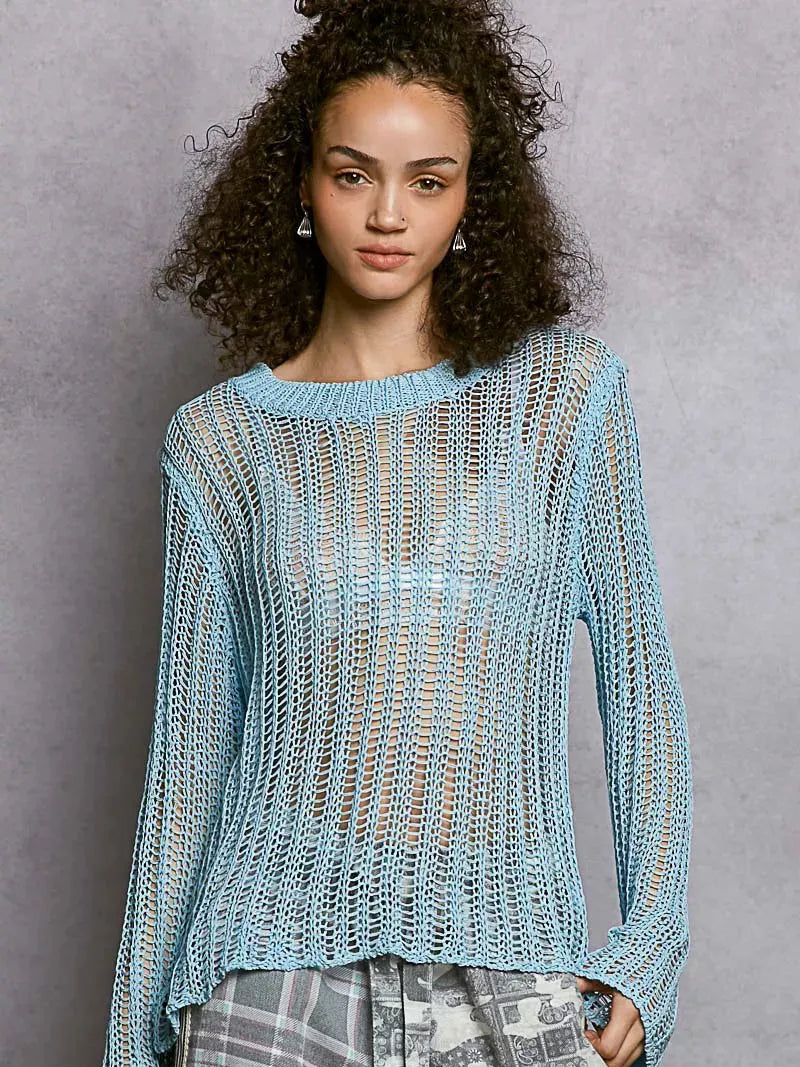 POL Morning Haze Long Sleeve Sheer Knit Cover Up in Blue-Women's Shirts & Tops-Shop Z & Joxa