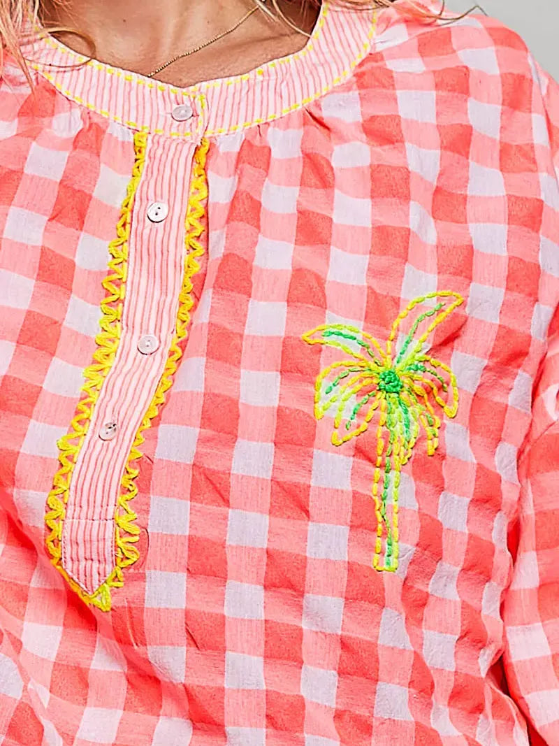 POL Paradise Plaid Gingham Embroidered Palm Tree Blouse-Women's Shirts & Tops-Shop Z & Joxa