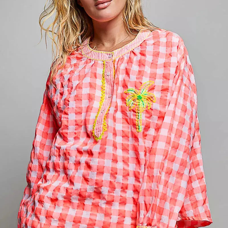 POL Paradise Plaid Gingham Embroidered Palm Tree Blouse-Women's Shirts & Tops-Shop Z & Joxa