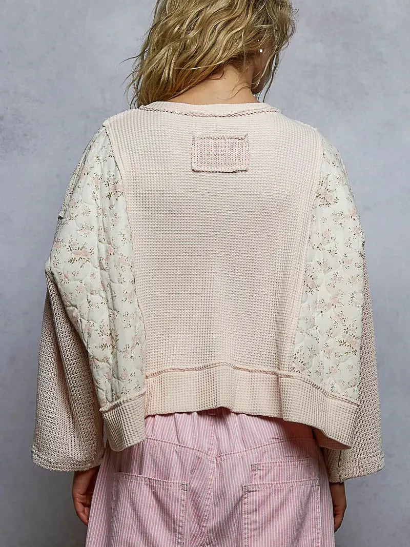 POL Patchwork Petal Quilted Floral Knit Crop Top in Blush-Women's Shirts & Tops-Shop Z & Joxa