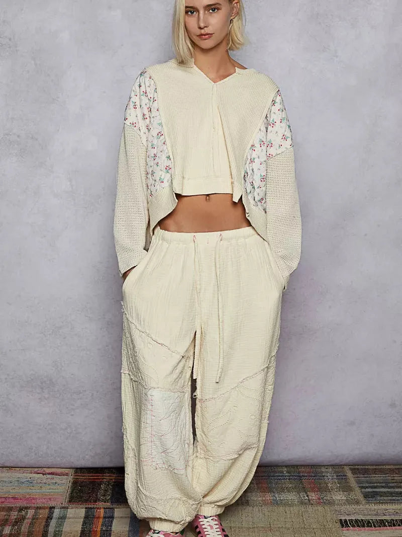 POL Patchwork Petal Quilted Floral Knit Crop Top in Cream-Women's Shirts & Tops-Shop Z & Joxa