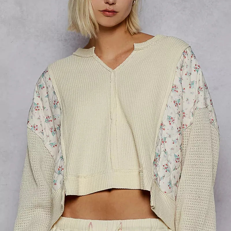 POL Patchwork Petal Quilted Floral Knit Crop Top in Cream-Women's Shirts & Tops-Shop Z & Joxa