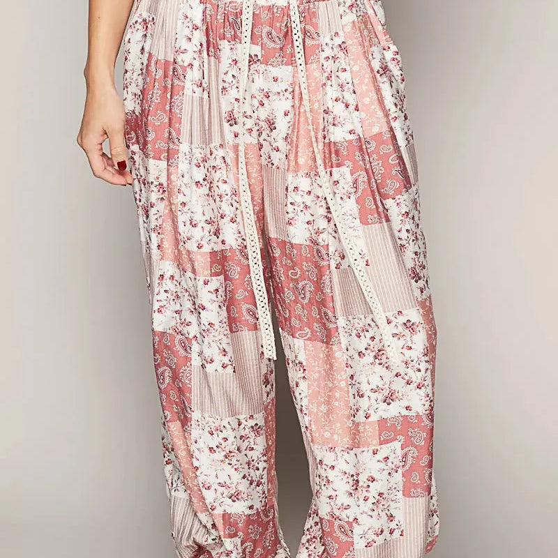 POL Patchwork Poetry Drawstring Floral Wide leg Pants-Women's Pants-Shop Z & Joxa