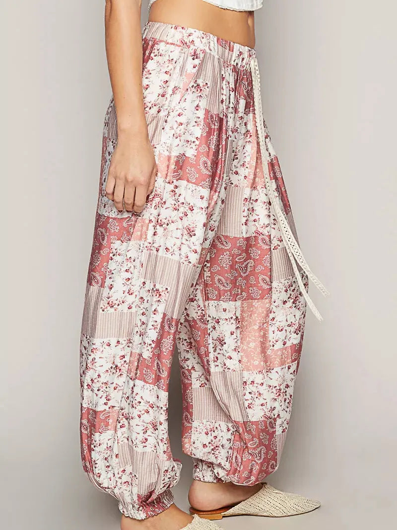 POL Patchwork Poetry Drawstring Floral Wide leg Pants-Women's Pants-Shop Z & Joxa