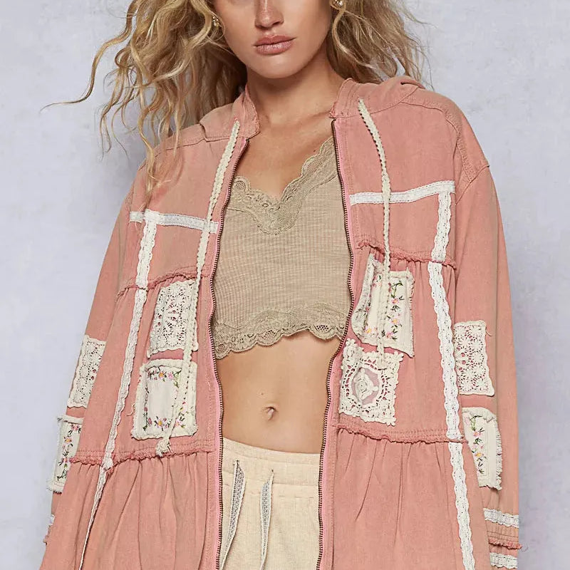 POL Patchwork Pulse Hooded Jacket with Lace Detail in Pink-Women's Outerwear-Shop Z & Joxa