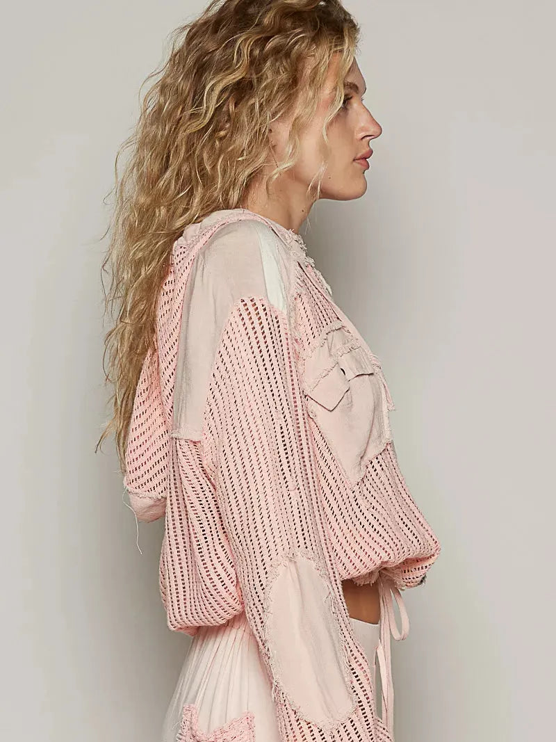 POL Peach Drift Textured Button up Cropped Hooded Shirt-Women's Shirts & Tops-Shop Z & Joxa