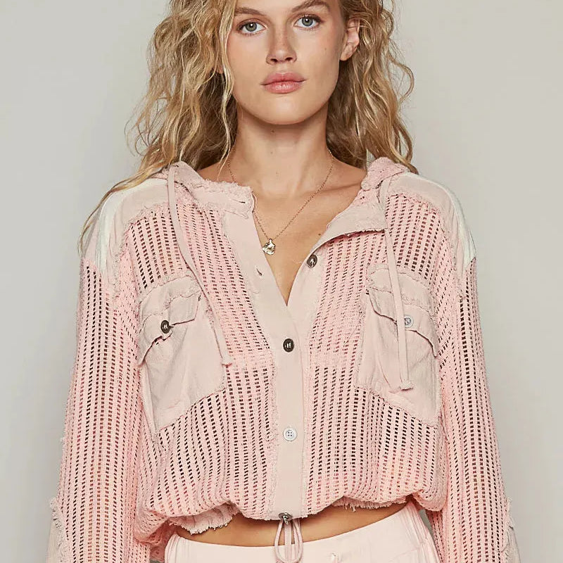 POL Peach Drift Textured Button up Cropped Hooded Shirt-Women's Shirts & Tops-Shop Z & Joxa