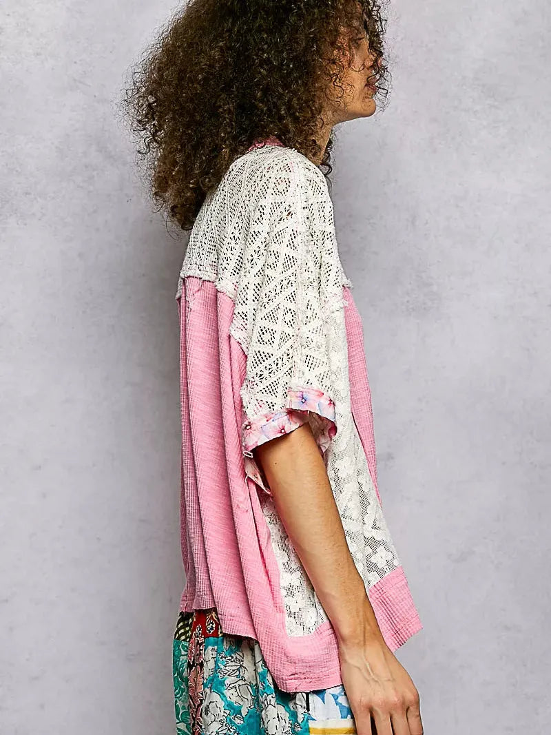 POL Petals Unfinished Patchwork Floral Lace Blouse in Pink-Women's Shirts & Tops-Shop Z & Joxa