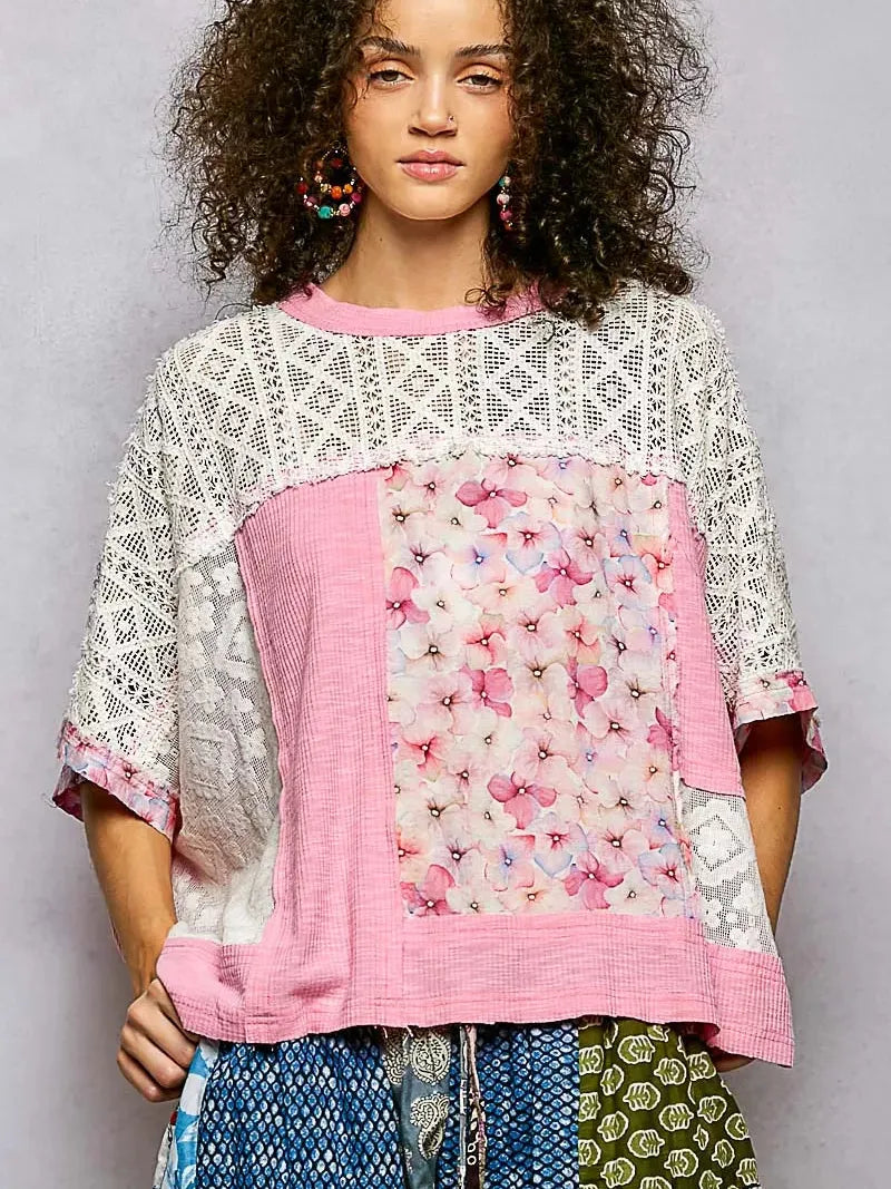 POL Petals Unfinished Patchwork Floral Lace Blouse in Pink-Women's Shirts & Tops-Shop Z & Joxa