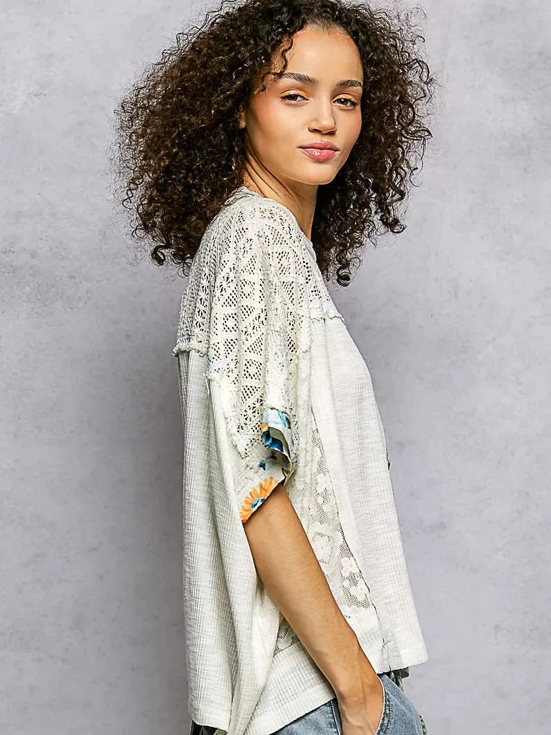 POL Petals Unfinished Patchwork Lace Accent Floral Blouse-Women's Shirts & Tops-Shop Z & Joxa