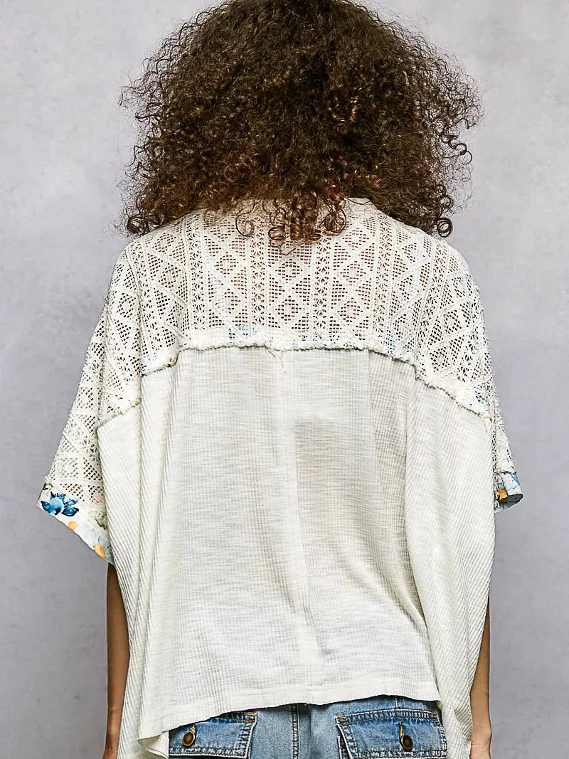 POL Petals Unfinished Patchwork Lace Accent Floral Blouse-Women's Shirts & Tops-Shop Z & Joxa