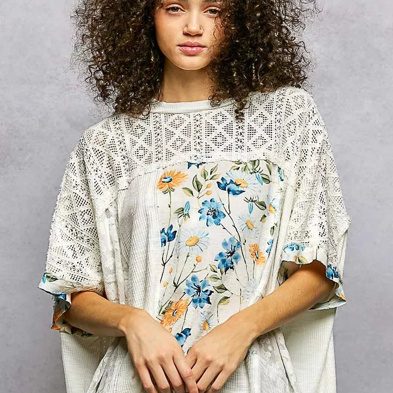 POL Petals Unfinished Patchwork Lace Accent Floral Blouse-Women's Shirts & Tops-Shop Z & Joxa