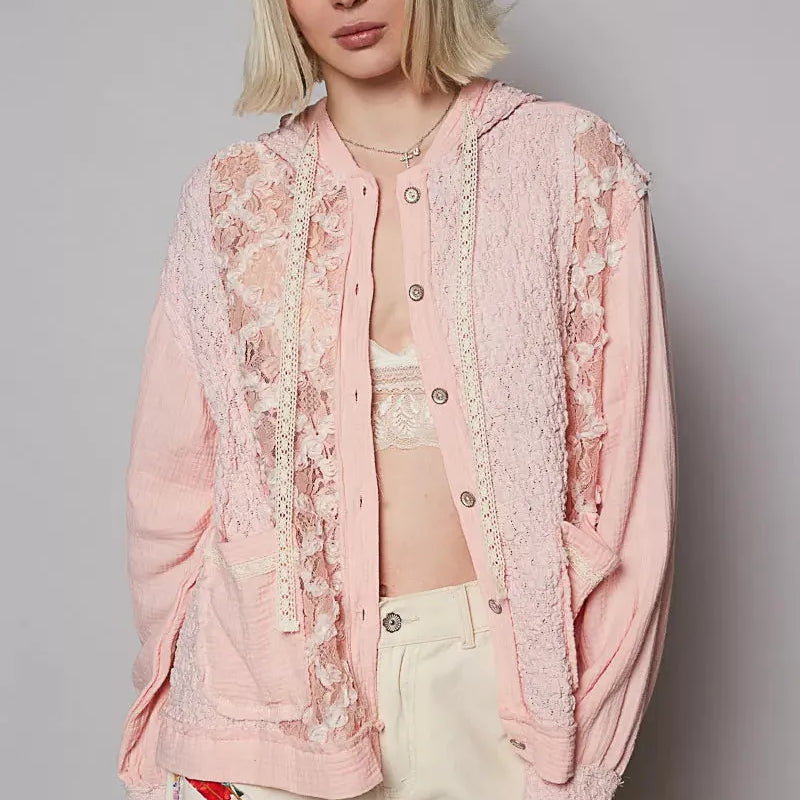 POL Pink Lace Exposed Seam Lace Detail Hooded Jacket-Coats & Jackets-Shop Z & Joxa