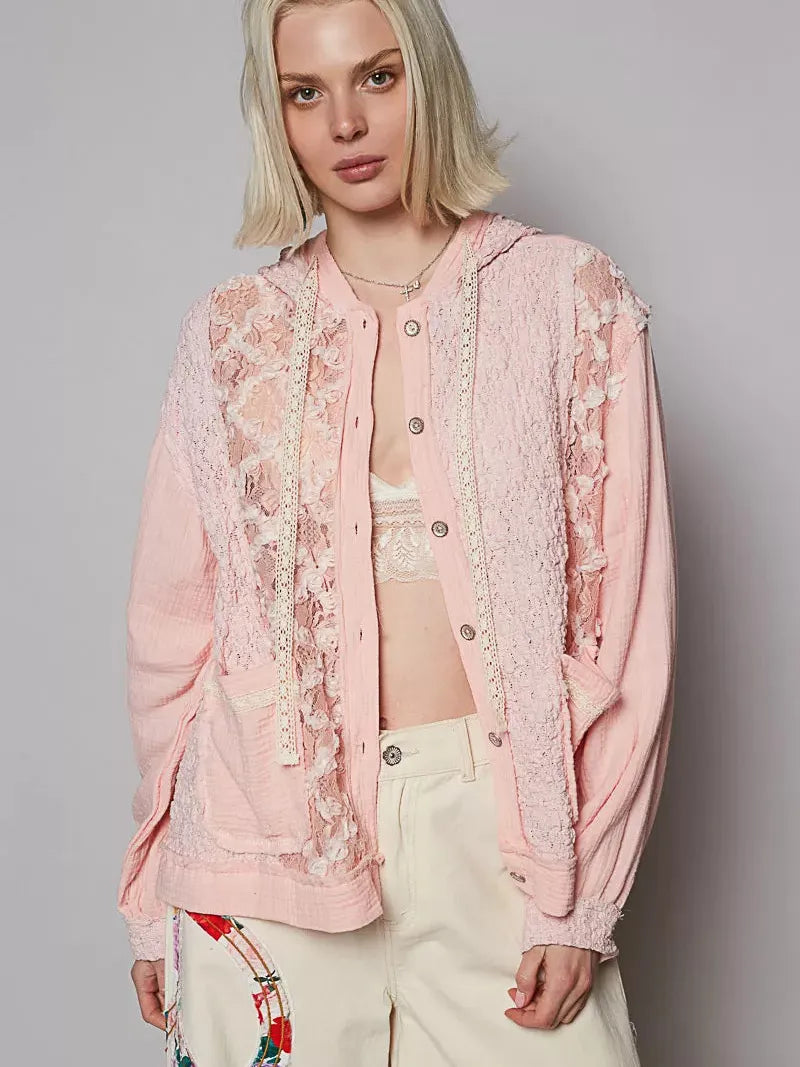POL Pink Lace Exposed Seam Lace Detail Hooded Jacket-Coats & Jackets-Shop Z & Joxa