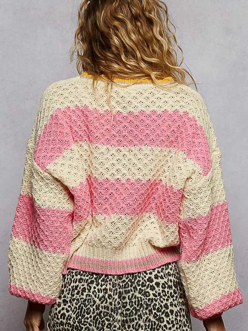 POL Pink Stripe Delight Striped Long Sleeve Cable Knit Sweater-Women's Shirts & Tops-Shop Z & Joxa