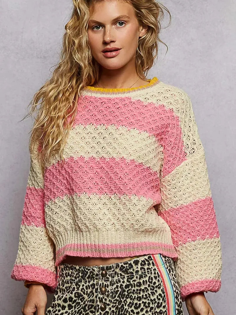 POL Pink Stripe Delight Striped Long Sleeve Cable Knit Sweater-Women's Shirts & Tops-Shop Z & Joxa