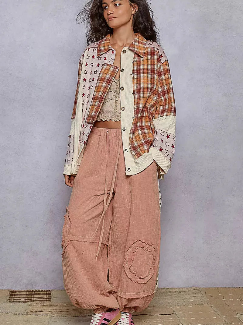 POL Plaid Embrace Contrast Button Down Bell Sleeve Shacket-Women's Shirts & Tops-Shop Z & Joxa