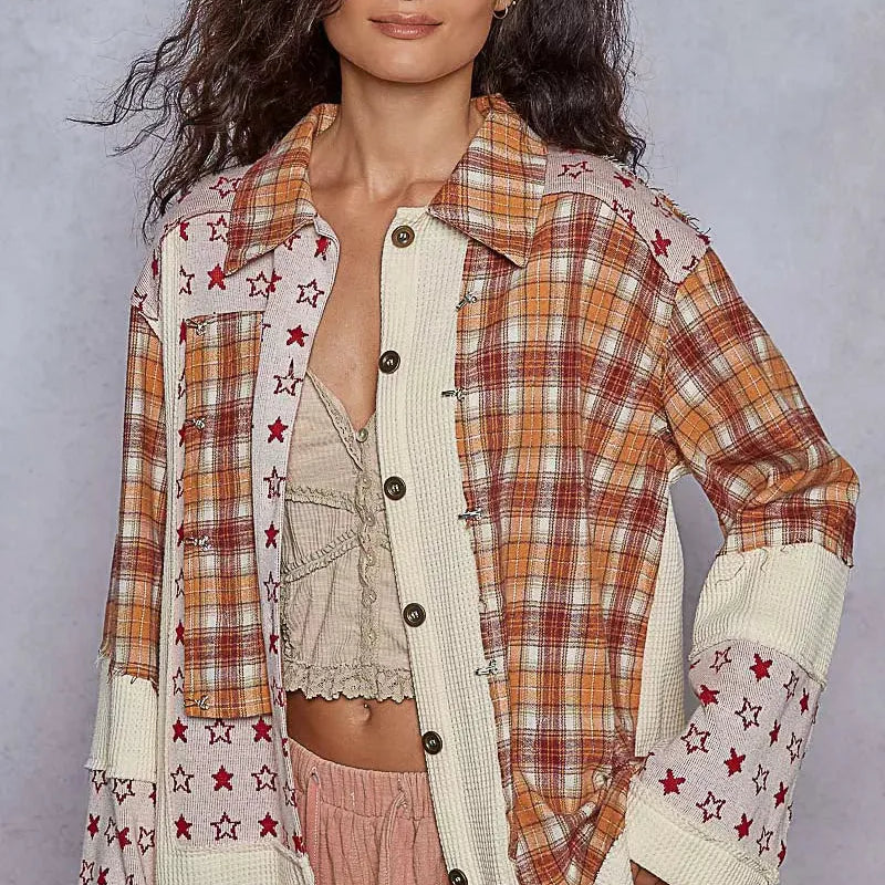 POL Plaid Embrace Contrast Button Down Bell Sleeve Shacket-Women's Shirts & Tops-Shop Z & Joxa
