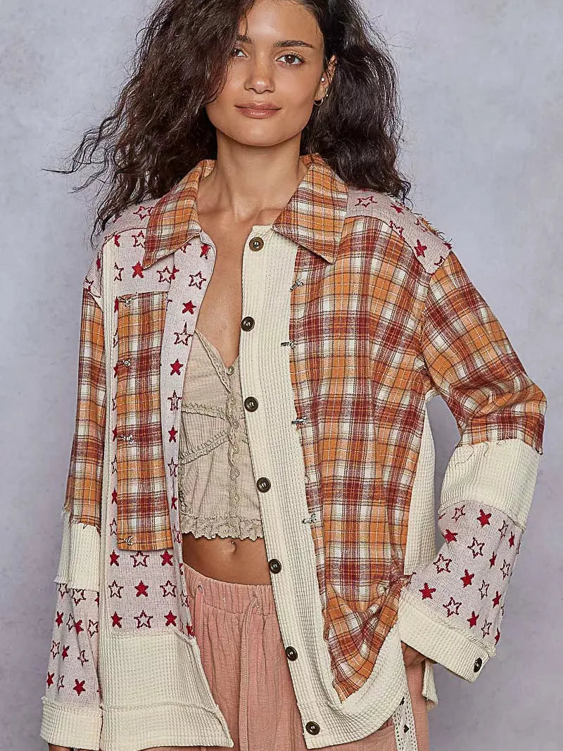 POL Plaid Embrace Contrast Button Down Bell Sleeve Shacket-Women's Shirts & Tops-Shop Z & Joxa