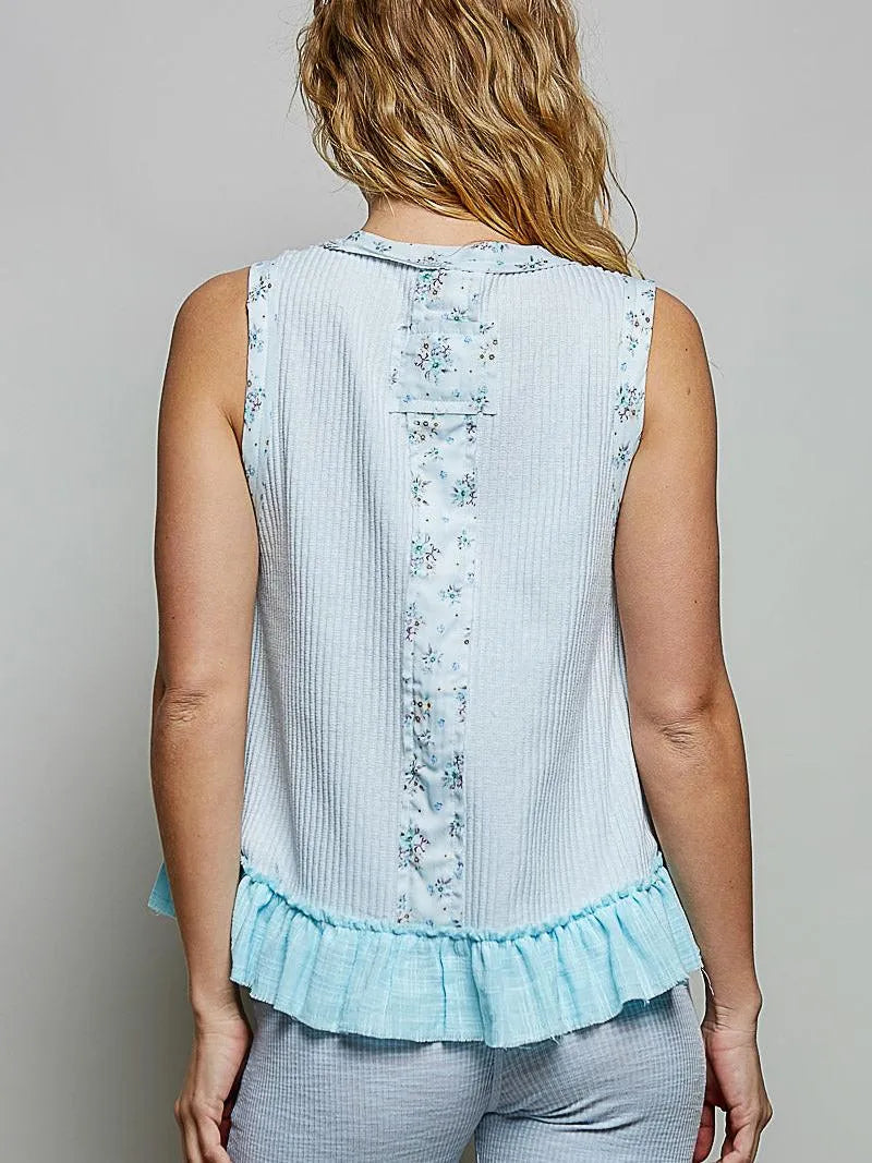 POL Powder Patchwork Ribbed Floral Tank with Ruffle Accents-Women's Shirts & Tops-Shop Z & Joxa