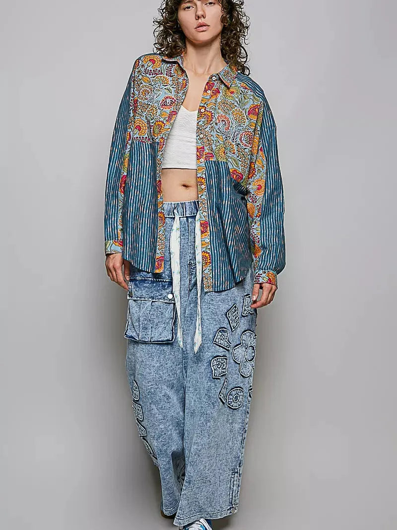 POL Prairie Patchwork Paisley Floral Stripe Long Sleeve Shirt-Women's Shirts & Tops-Shop Z & Joxa