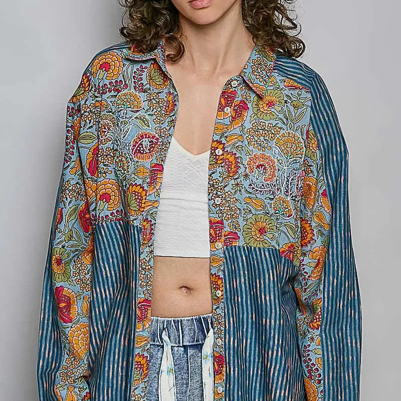 POL Prairie Patchwork Paisley Floral Stripe Long Sleeve Shirt-Women's Shirts & Tops-Shop Z & Joxa