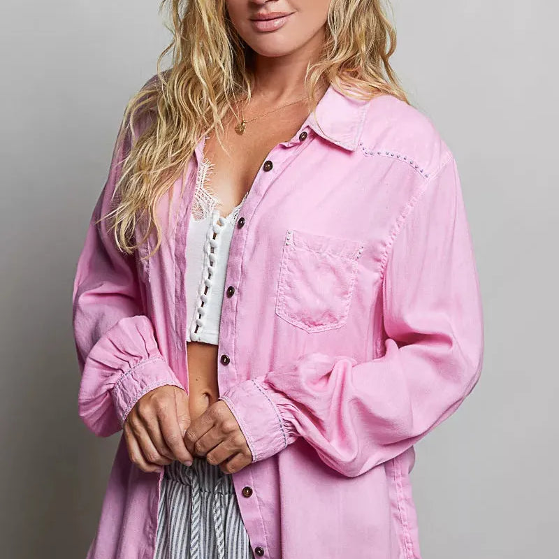 POL Prairie Pink Washed Textured Cotton Western Button Front Shirt-Shirts & Tops-Shop Z & Joxa