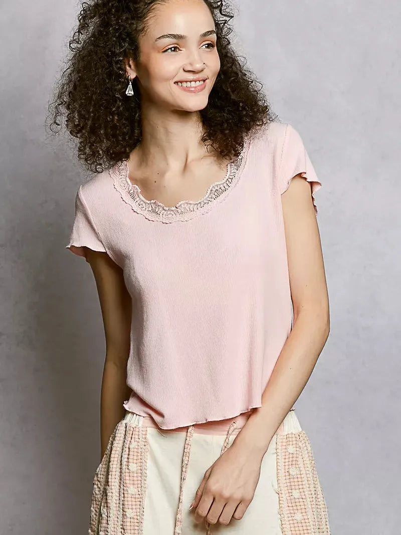 POL Pretty in Pink Short Sleeve Crop T-Shirt with Lace Trim-Women's Shirts & Tops-Shop Z & Joxa