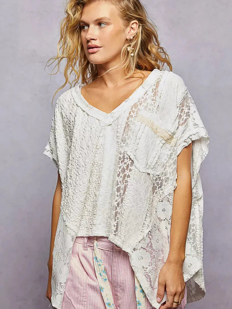 POL Raw Romance Asymmetrical Short Sleeve Lace Top in White-Women's Shirts & Tops-Shop Z & Joxa