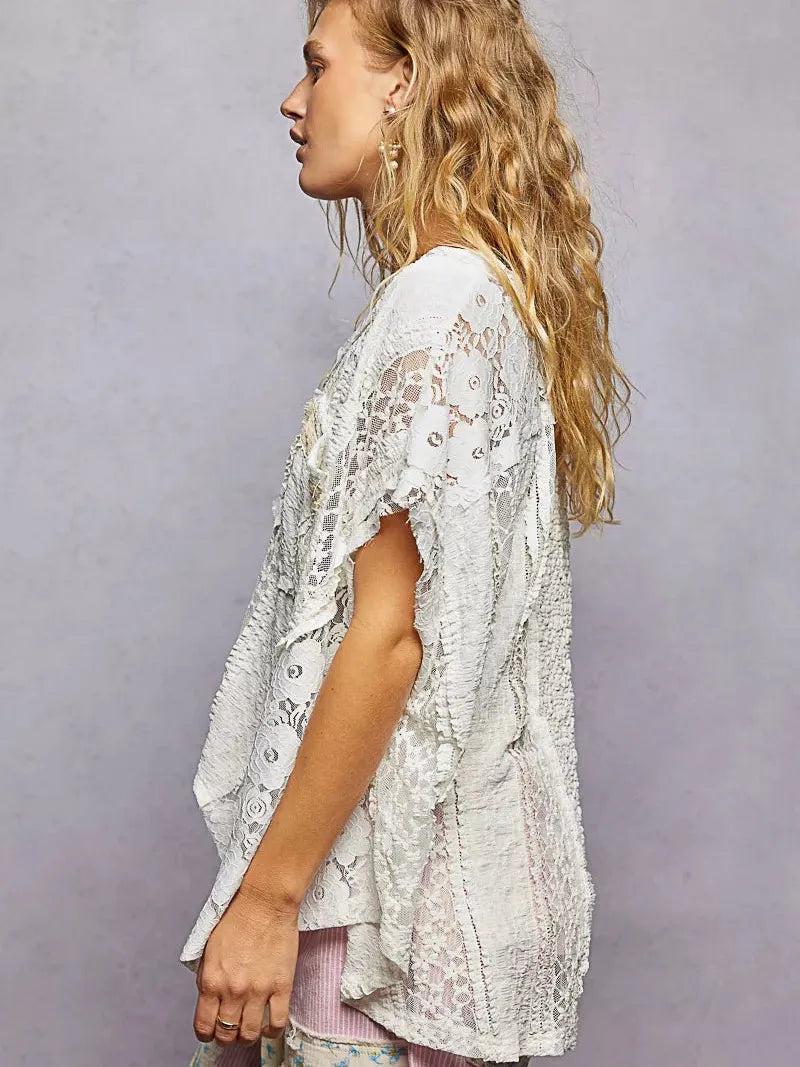 POL Raw Romance Asymmetrical Short Sleeve Lace Top in White-Women's Shirts & Tops-Shop Z & Joxa
